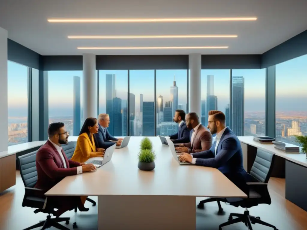 Profesionales colaborando en proyecto inmobiliario en oficina moderna Profesionales en oficina moderna planificando proyecto inmobiliario