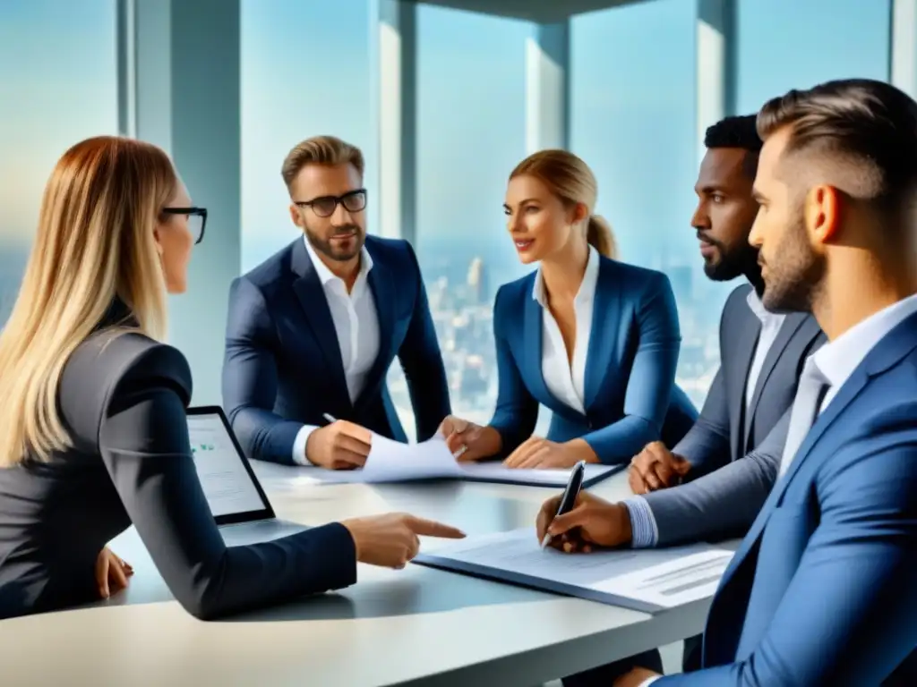 Profesionales en moderna oficina discuten inversiones inmobiliarias Profesionales en oficina moderna discuten sobre riesgos políticos en mercados inmobiliarios emergentes
