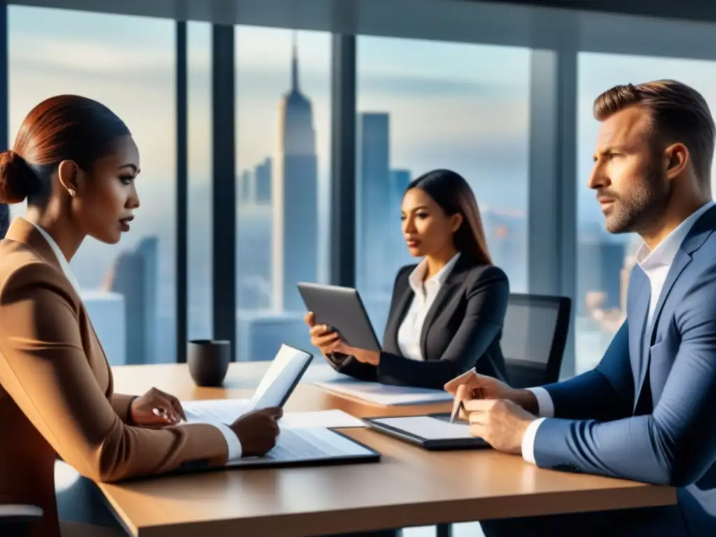 Reunión estratégica de profesionales en oficina moderna Profesionales en oficina moderna discuten riesgos en portafolios inmobiliarios