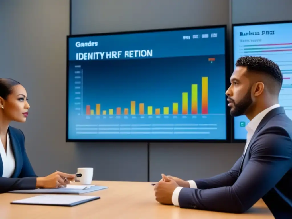 Profesionales debaten prevención de robo de identidad en oficina moderna Profesionales en oficina moderna discuten prevención robo identidad financiamiento inmobiliario
