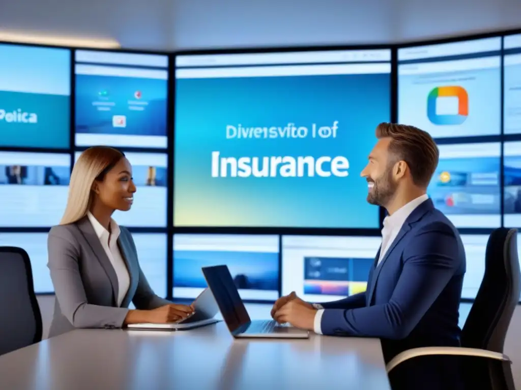 Profesionales innovadores promocionan seguros en redes sociales Profesionales colaboran en oficina moderna, promoción seguros propiedad afiliado redes