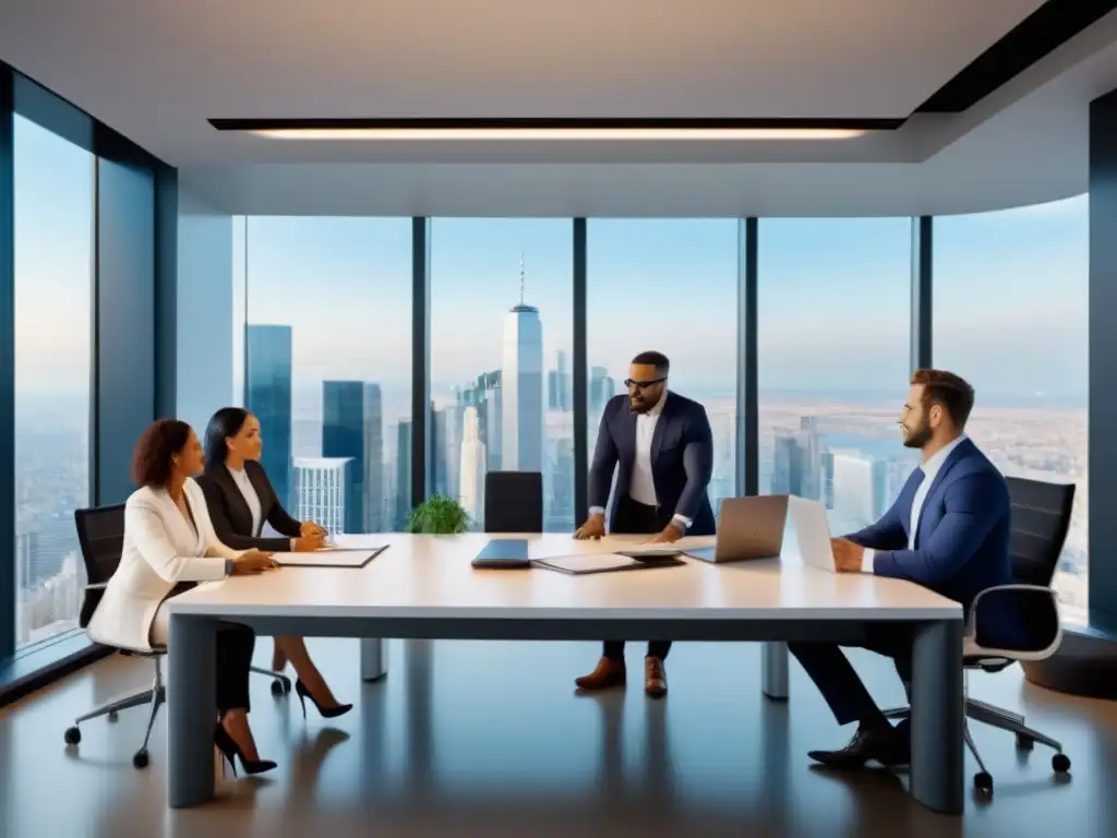 Profesionales en reunión: expertos en finanzas y bienes raíces Profesionales en oficina moderna discuten solicitud crédito inmobiliario