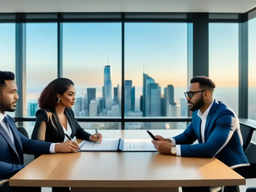 Profesionales financieros expertos negociando hipotecas Profesionales en oficina moderna discuten términos hipotecarios