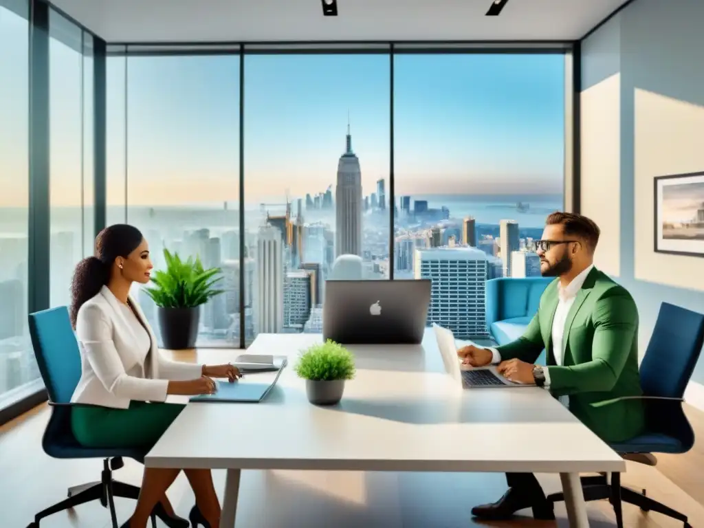 Profesionales diversificados debaten opciones de préstamos hipotecarios en oficina contemporánea Profesionales en oficina moderna discuten sobre tipos de préstamos inmobiliarios adecuados