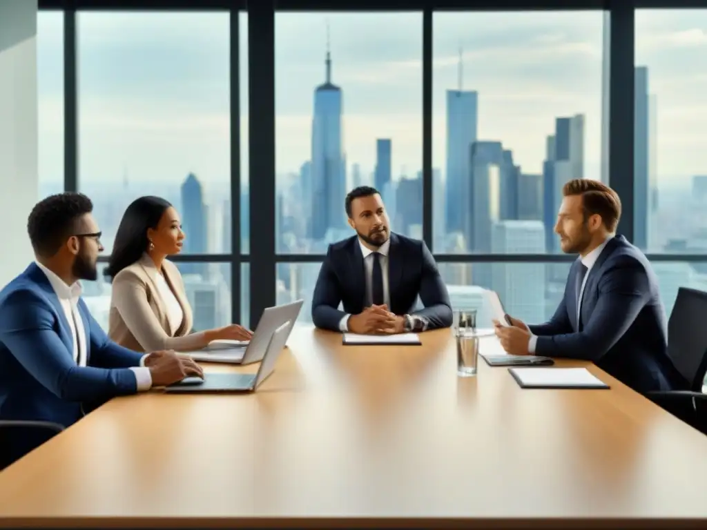 Profesionales innovadores en reunión estratégica en oficina moderna Profesionales colaborando en una oficina moderna con vista a la ciudad, discutiendo hipotecas basadas en ingresos futuros
