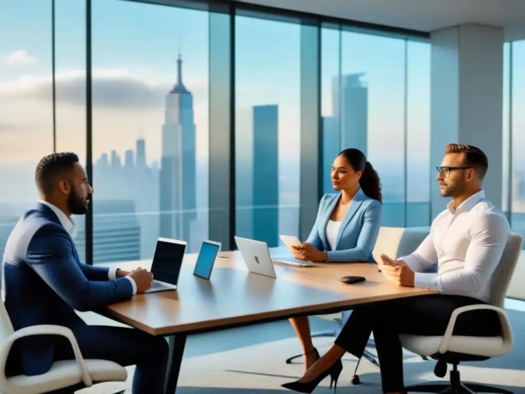 Profesionales colaborativos en oficina moderna: expertos en acción Profesionales colaborando en oficina moderna con vista panorámica