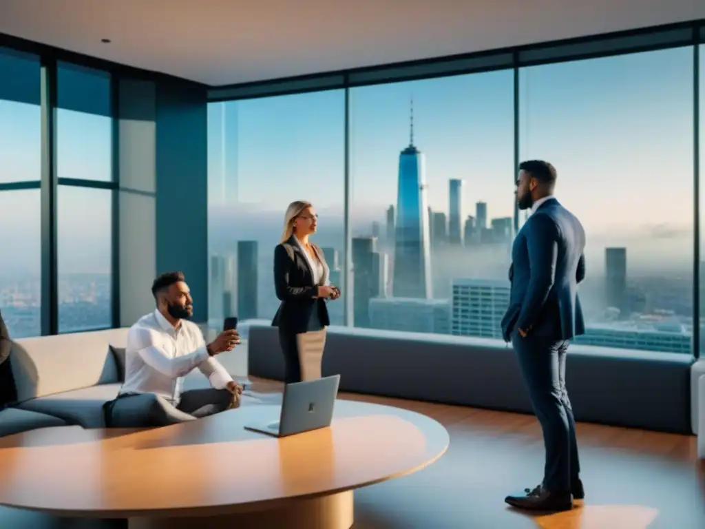 Oficina moderna con profesionales y tecnología de vanguardia Profesionales en oficina moderna con vista a la ciudad, brainstorming sobre datos financieros inmobiliarios y algoritmos de IA