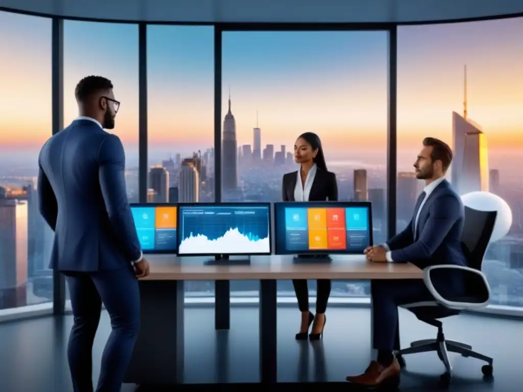 Profesionales colaboran en innovadora sala de datos financieros Profesionales colaboran en una oficina moderna con vista a la ciudad, usando una interfaz digital con datos financieros