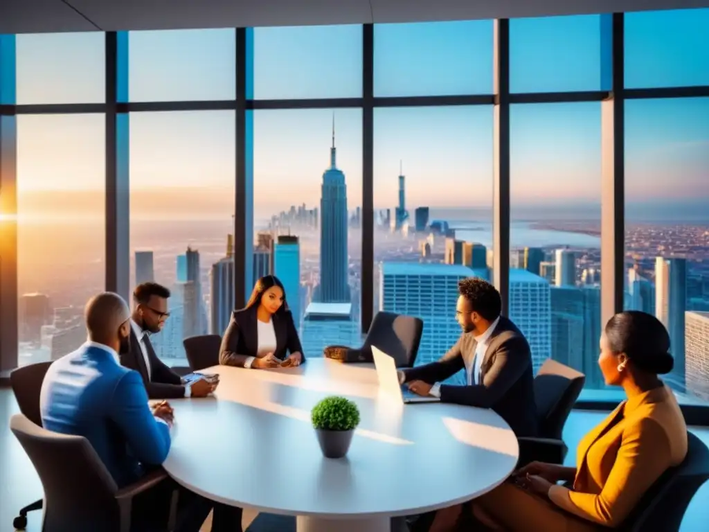 Equipo diverso innovando juntos en moderna oficina al atardecer Profesionales colaborando en oficina moderna con vista a la ciudad al atardecer