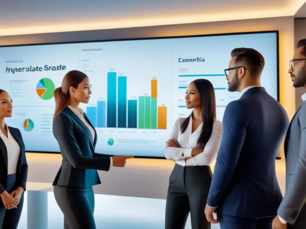 Profesionales analizan tendencias inmobiliarias con Big Data Profesionales colaborando en oficina moderna con visualizaciones de datos sobre tendencias inmobiliarias