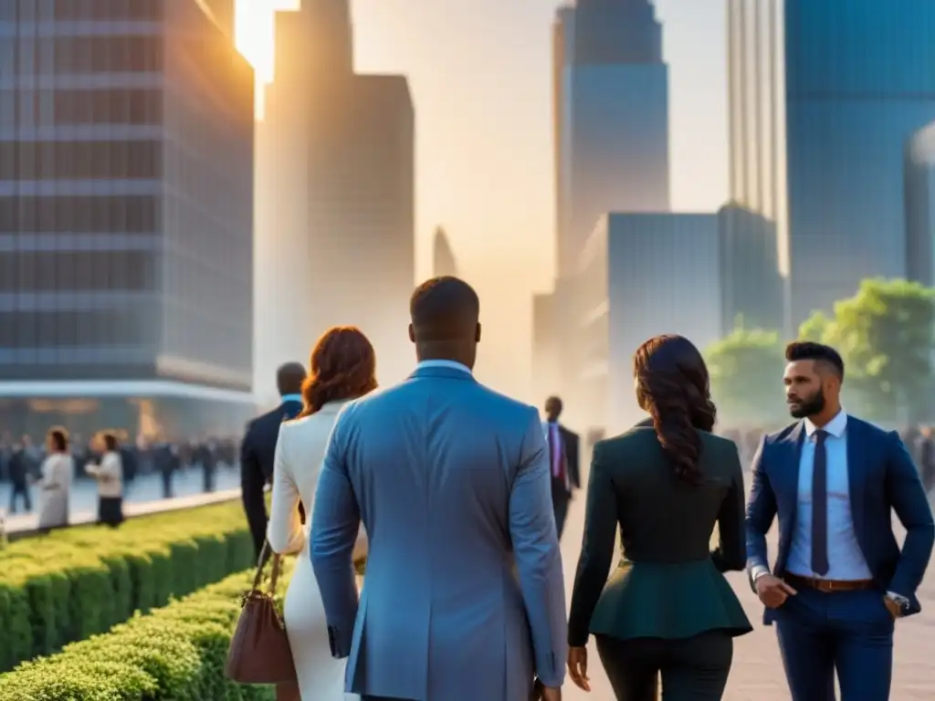 Horizonte urbano al amanecer: profesionales en auge Profesionales caminan hacia oficinas en moderna ciudad al amanecer, simbolizando desarrollo regional financiamiento inmobiliario