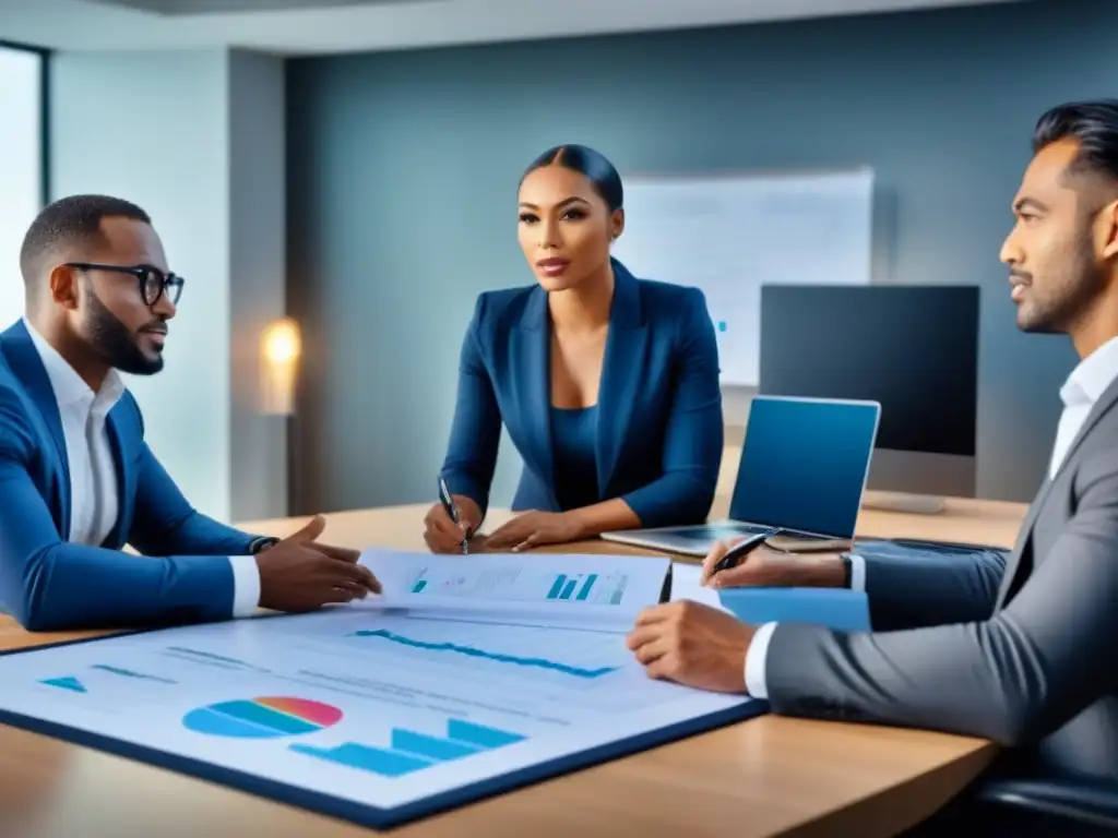 Profesionales diversificados discuten opciones de financiamiento inmobiliario en oficina contemporánea Profesionales diversos discuten opciones de financiamiento inmobiliario en una oficina contemporánea, reflejando colaboración y expertise
