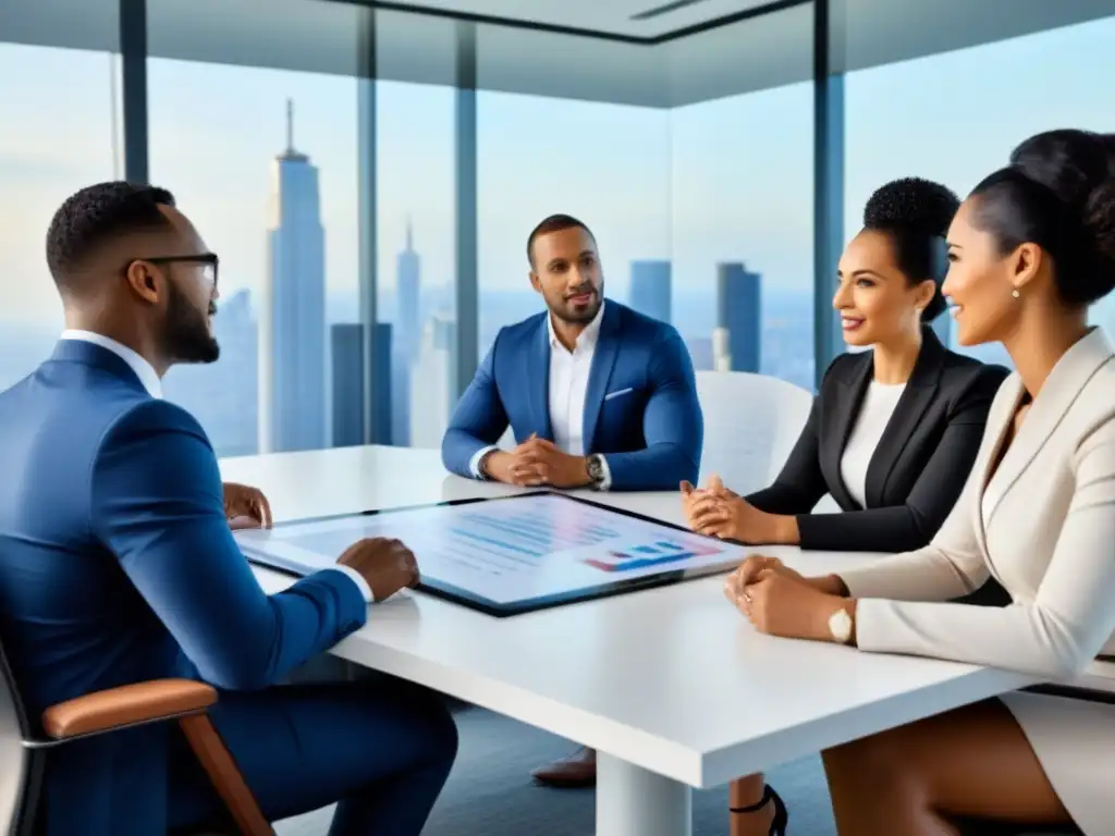 Profesionales diversificados discuten financiamiento inmobiliario inclusivo Profesionales diversos discuten opciones de financiamiento inmobiliario para minorías en moderna oficina con vista a la ciudad