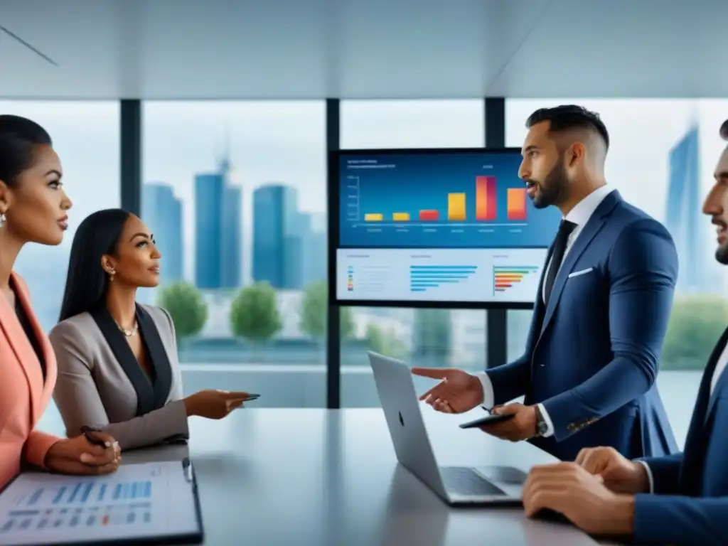 Profesionales debaten financiamiento inmobiliario en Europa Profesionales debatiendo opciones de financiamiento inmobiliario en Europa en una oficina moderna