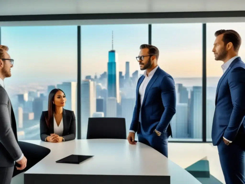 Profesionales debaten financiamiento inmobiliario con visión moderna Profesionales discuten opciones de financiamiento inmobiliario en oficina moderna con ventanas panorámicas mostrando la ciudad