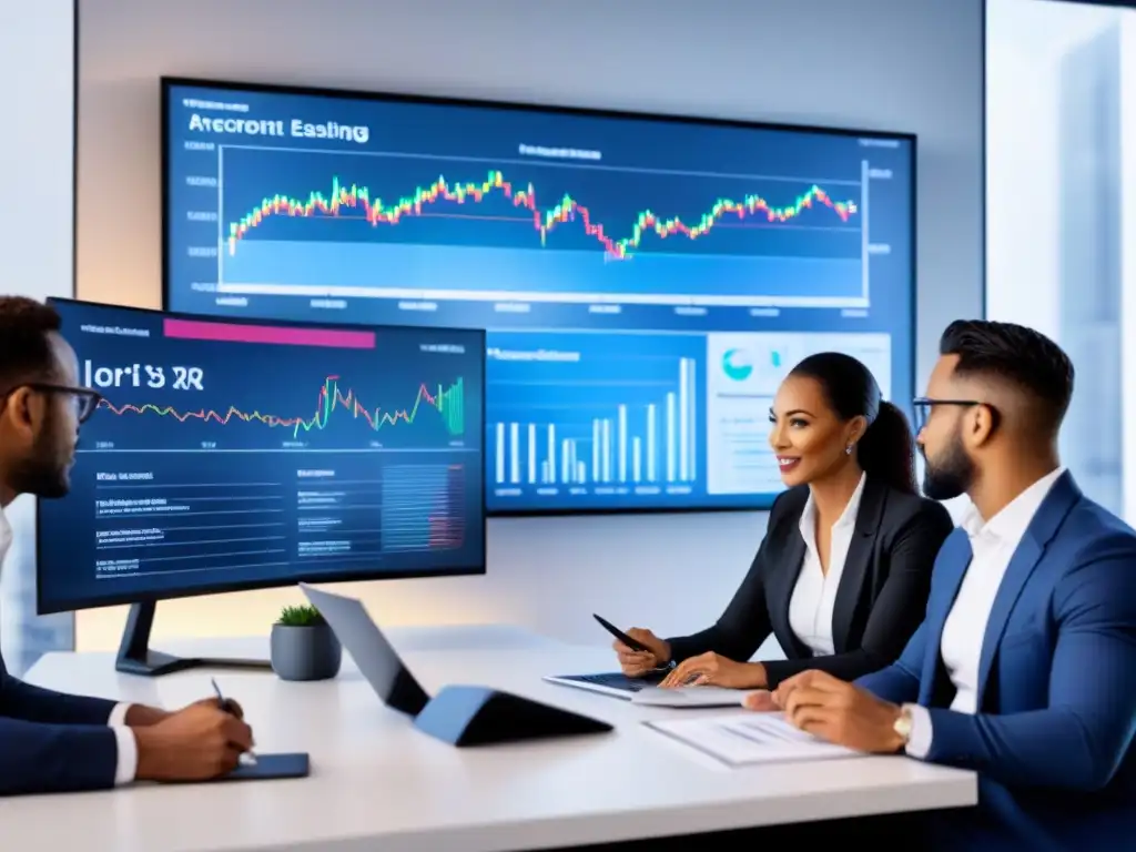 Profesionales debatiendo opciones de seguros en oficina moderna Profesionales discutiendo opciones de Seguros de responsabilidad en propiedades en una oficina moderna y sofisticada
