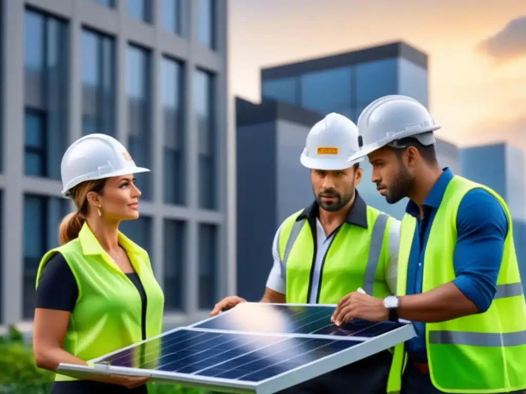 Proyecto sostenible: innovación y colaboración en construcción verde Profesionales discuten planes y blueprints de proyecto sostenible con tecnologías verdes en construcción financiamiento