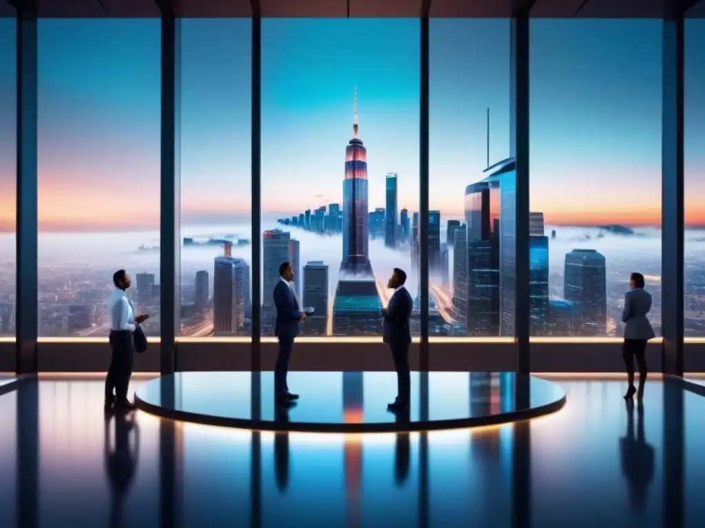 Profesionales innovadores en ciudad futurista discuten planes financieros Profesionales discutiendo planes financieros en una sala de conferencias moderna con gráficos sobre hipotecas basadas en ingresos futuros