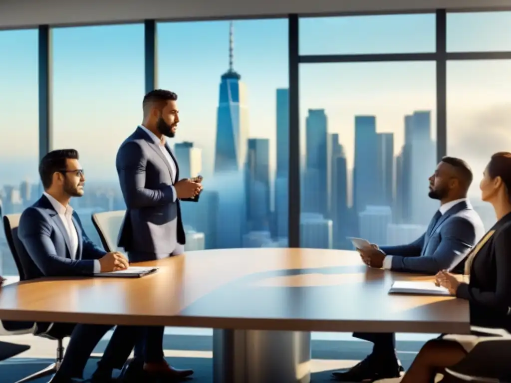 Profesionales debatiendo planes inmobiliarios en oficina moderna Profesionales debatiendo planes inmobiliarios frente a la ciudad