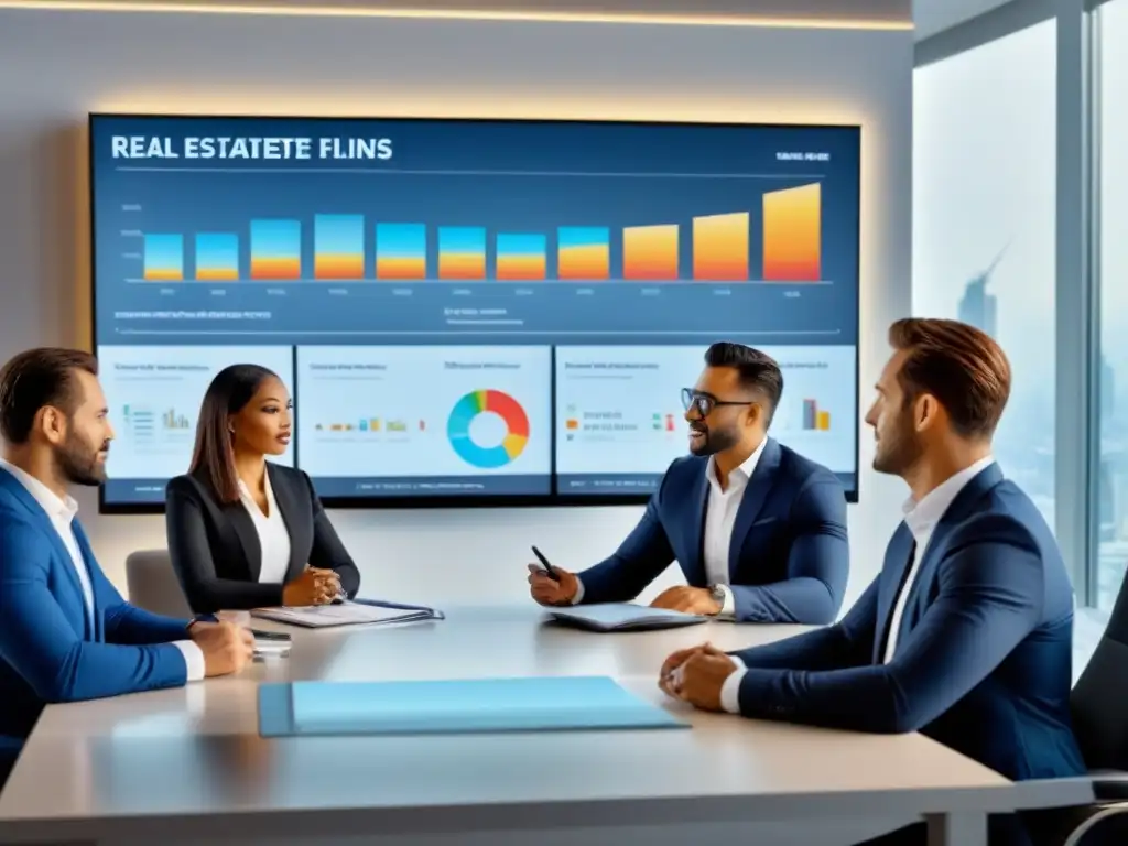 Profesionales debaten planes de inversión inmobiliaria con gráficos en pantalla Profesionales discuten planes de inversión inmobiliaria con gráficos en pantalla