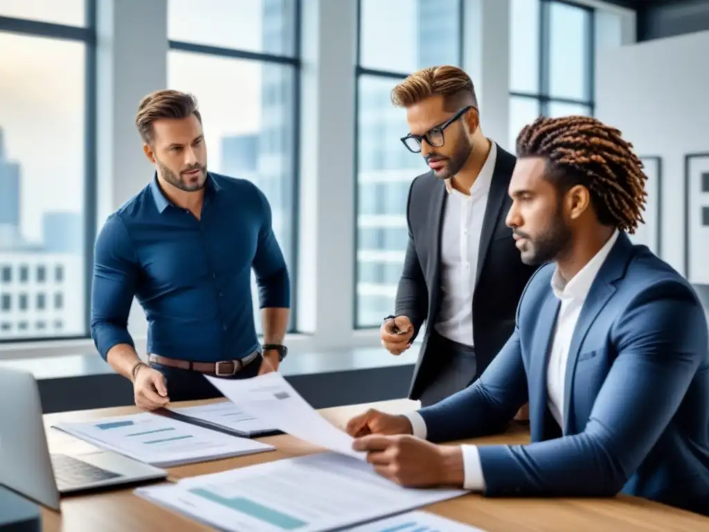 Colaboración eficiente entre arquitectos y abogados en oficina moderna Profesionales discuten planos y documentos legales en una oficina moderna y luminosa