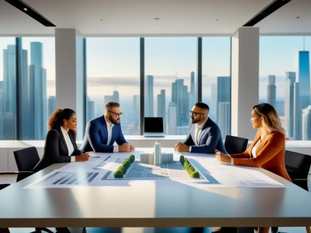 Reunión de arquitectos y desarrolladores inmobiliarios en oficina moderna Profesionales revisando planos y documentos legales en moderna oficina