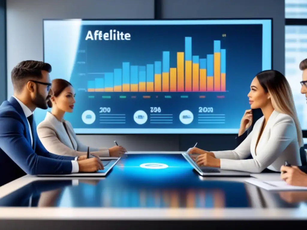 Profesionales colaborando en plataforma financiera inmobiliaria Profesionales debatiendo sobre plataformas afiliados financiamiento inmobiliario en sala futurista con tecnología avanzada