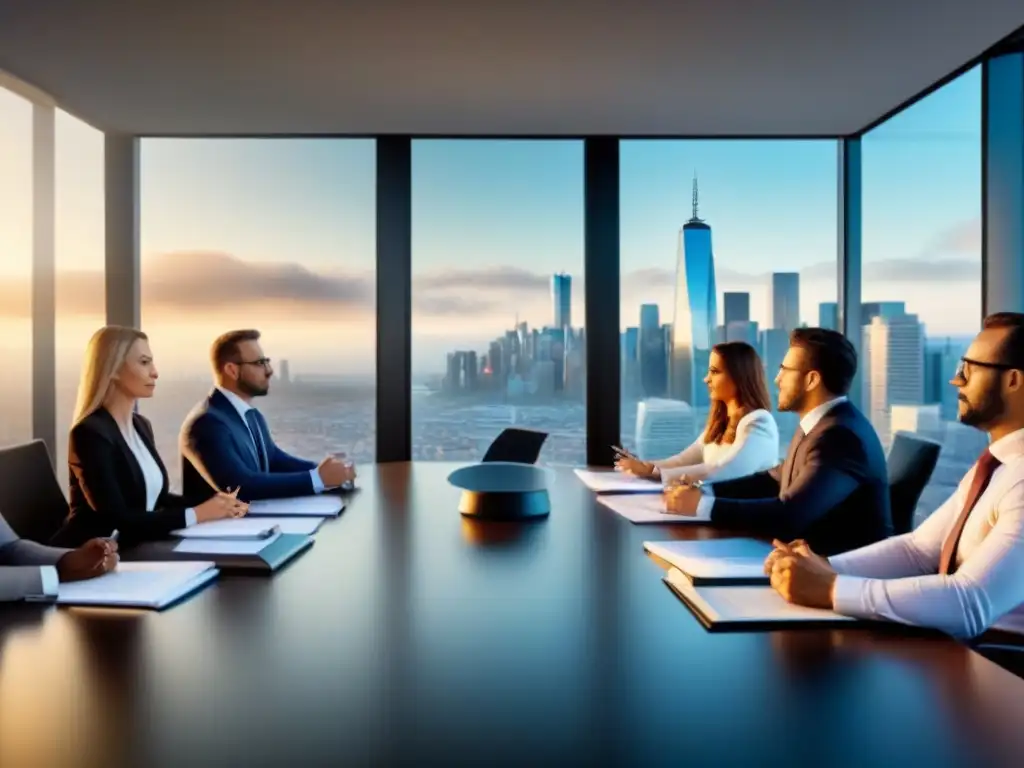 Profesionales debaten estrategias para reestructurar portfolios inmobiliarios Profesionales debatiendo sobre reestructuración de portafolios inmobiliarios en moderna oficina con vista a la ciudad