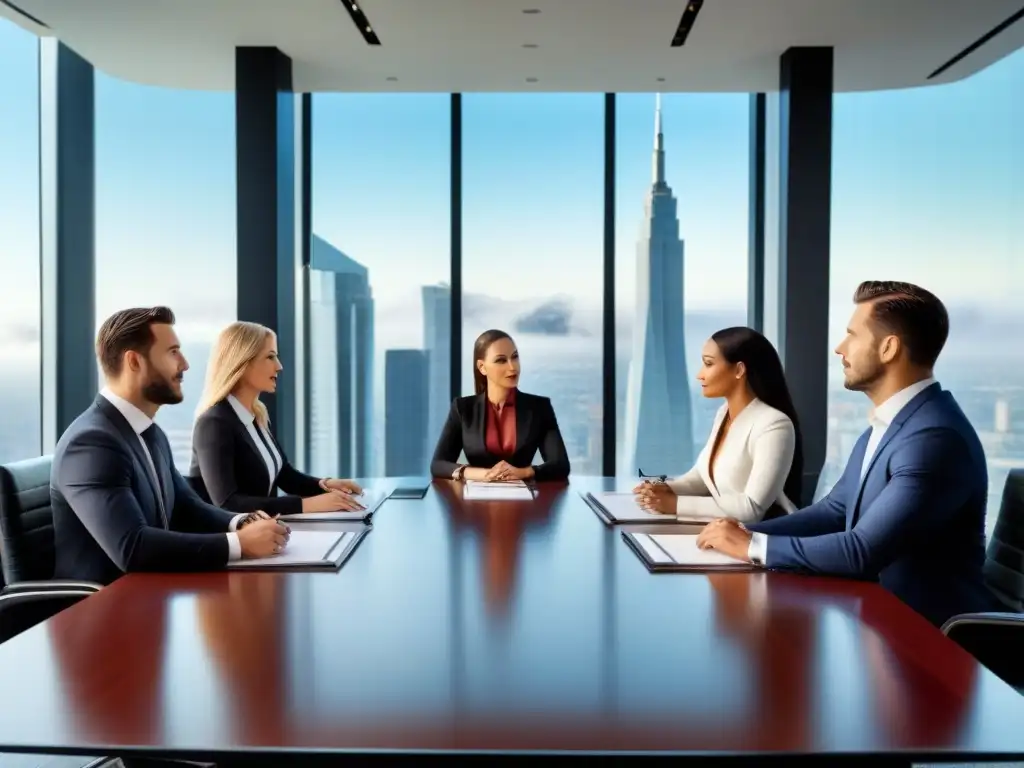 Negociación de éxito en sala de juntas moderna con vista a la ciudad Profesionales negocian un préstamo hipotecario en una elegante sala de juntas con vista a la ciudad