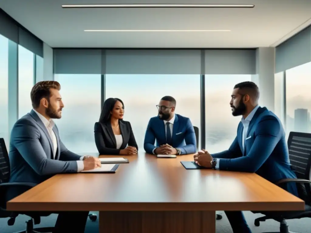 Reunión de negocios en oficina moderna con profesionales expertos Profesionales negociando préstamo interés inmobiliario en moderna oficina, confiados y expertos