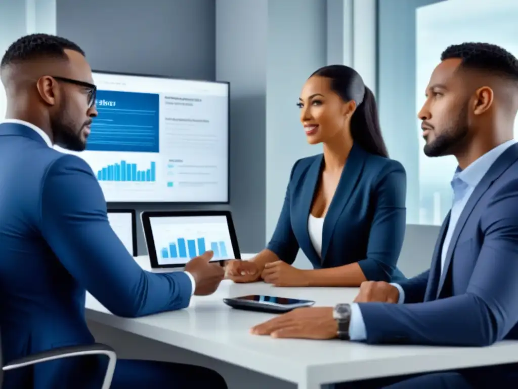 Profesionales diversificados debatiendo programas de afiliados de seguros en oficina moderna de alta tecnología Profesionales debaten sobre Programa de afiliados seguros propiedad en moderna oficina