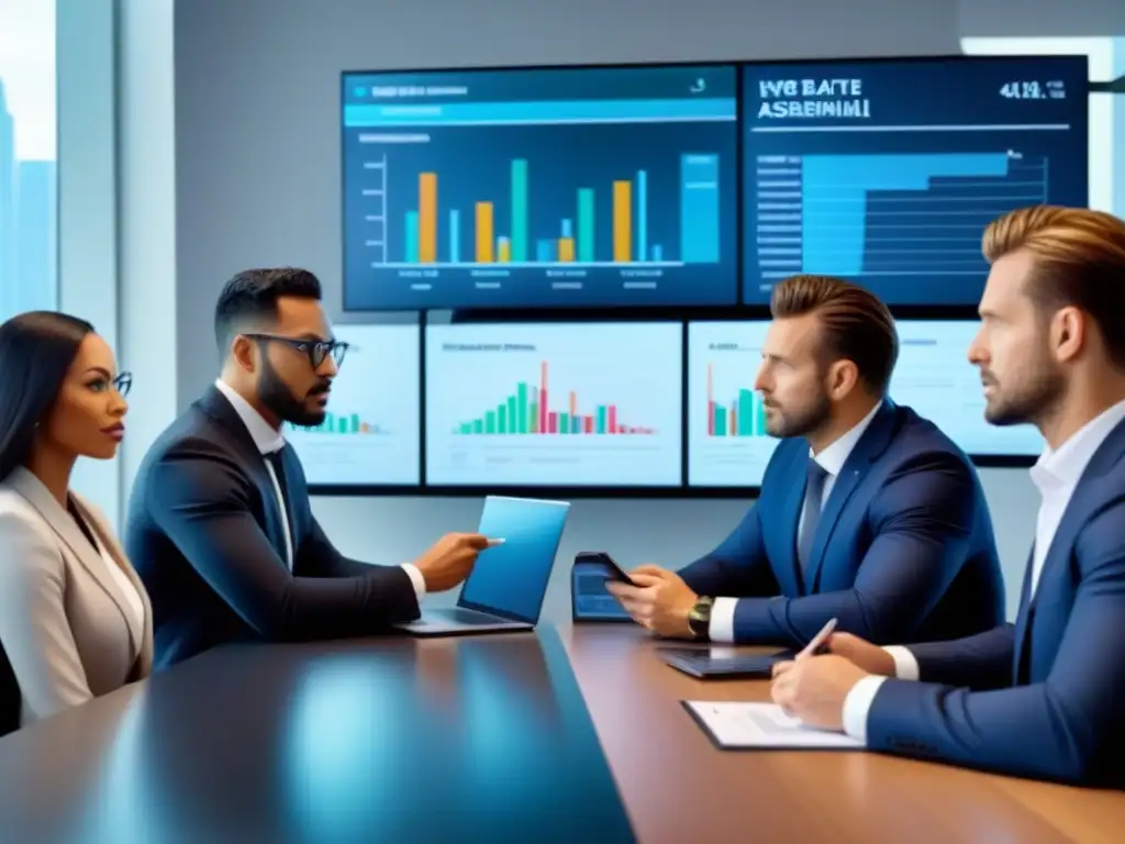 Profesionales debatiendo programas de préstamos inmobiliarios Profesionales colaborando en programas de asistencia financiera inmobiliaria en ambiente ultramoderno