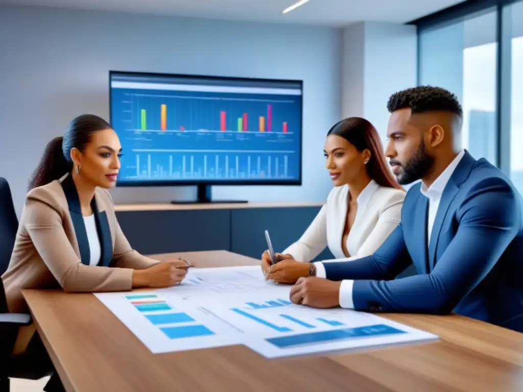 Equipo de profesionales resolviendo desafíos inmobiliarios Profesionales discuten avalúo propiedad crédito inmobiliario en moderna oficina
