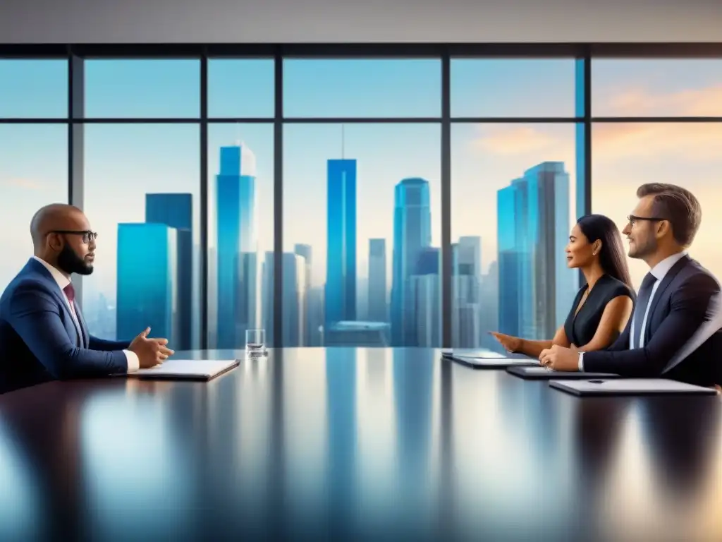 Profesionales diversos discuten inversión inmobiliaria Profesionales diversos debaten sobre inversión en propiedades de alto valor en una sala moderna con vista a la ciudad