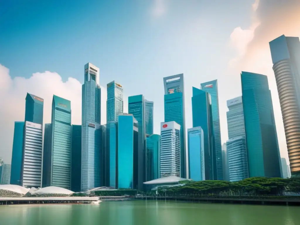 Skyline financiero de Singapur: colaboración y éxito en el mercado inmobiliario asiático Profesionales colaborando en el próspero distrito financiero de Singapur, reflejo del éxito financiamiento inmobiliario Asia