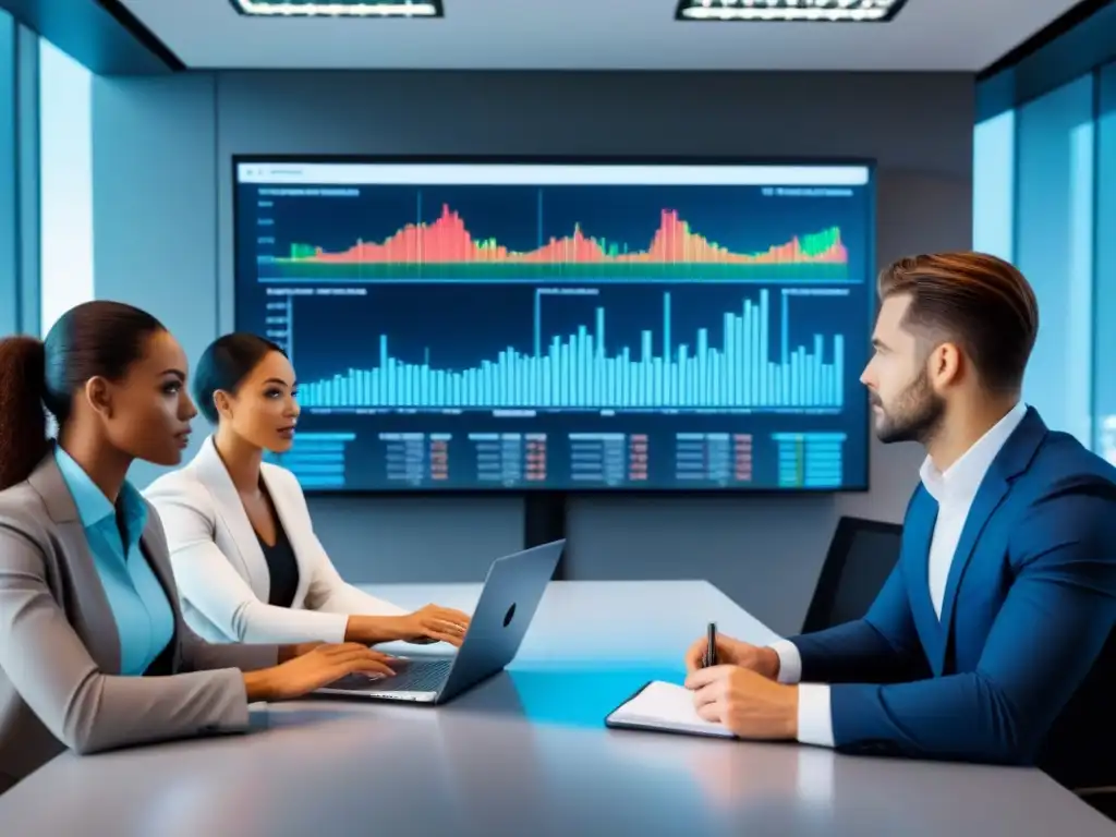Profesionales analizan proyecciones financieras en oficina futurista Profesionales analizan proyecciones de ingresos para hipoteca en oficina moderna