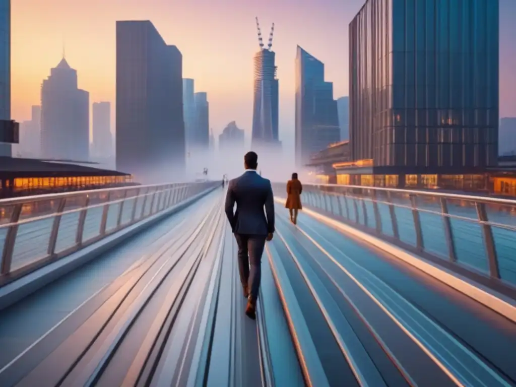 Horizonte urbano al atardecer: progreso y colaboración en la ciudad moderna Profesionales discutiendo en puente futurista sobre río urbano al atardecer