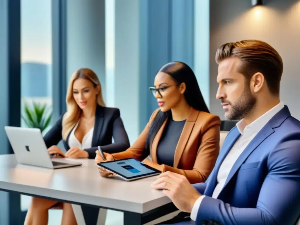 Profesionales analizan propiedades en redes sociales Profesionales analizan redes sociales en comprador inmobiliario en oficina moderna