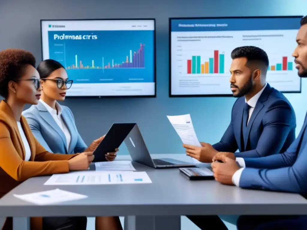 Profesionales debaten refinanciamiento en oficina moderna Profesionales diversos discuten refinanciamiento de propiedades en crisis en oficina moderna