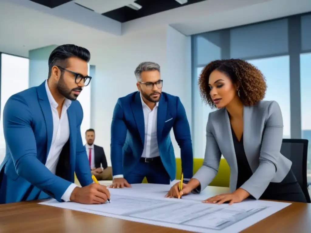 Profesionales diversos en discusión: desafíos del crowdfunding inmobiliario Profesionales debaten sobre regulaciones financiamiento colectivo inmobiliario en oficina moderna con planos y dispositivos digitales