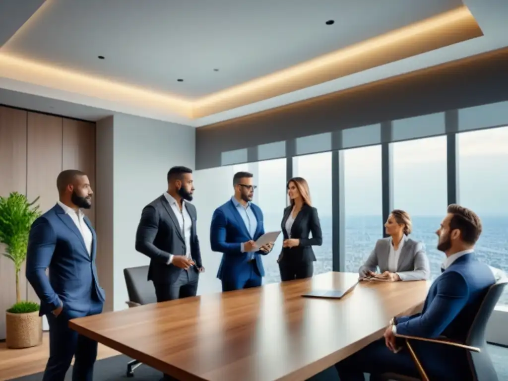 Profesionales en discusión sobre contratos inmobiliarios en moderna oficina Profesionales debatiendo regulaciones inmobiliarias para inversores en una moderna oficina luminosa