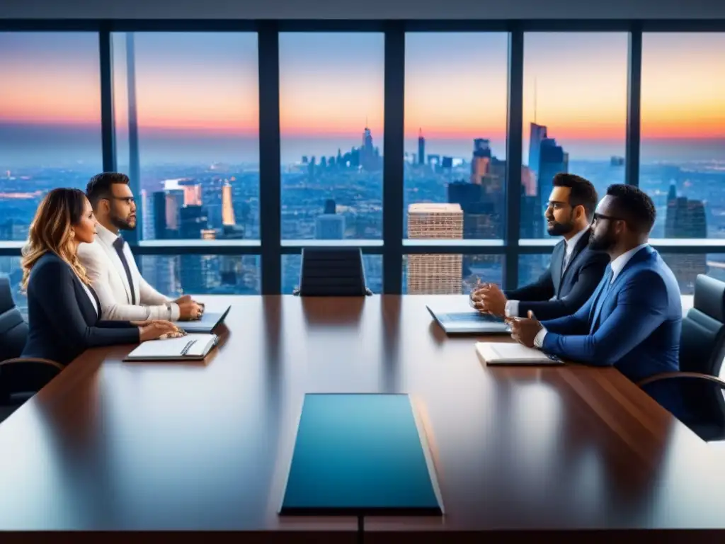 Profesionales debatiendo regulaciones inmobiliarias al atardecer Profesionales debaten regulaciones inmobiliarias para inversores en moderna sala de juntas con vista urbana al atardecer