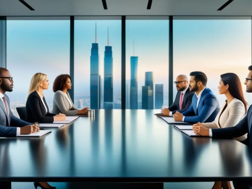 Profesionales expertos en discusión estratégica sobre regulaciones inmobiliarias Profesionales discuten regulaciones inmobiliarias para inversores en moderna sala de juntas luminosa y elegante