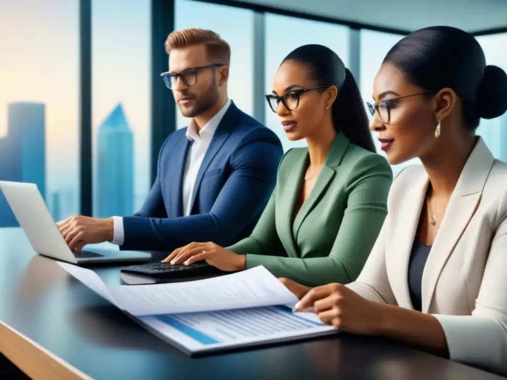 Profesionales discuten hipotecas en oficina moderna Profesionales discutiendo requisitos préstamo hipotecario convencional en oficina moderna con vista a la ciudad