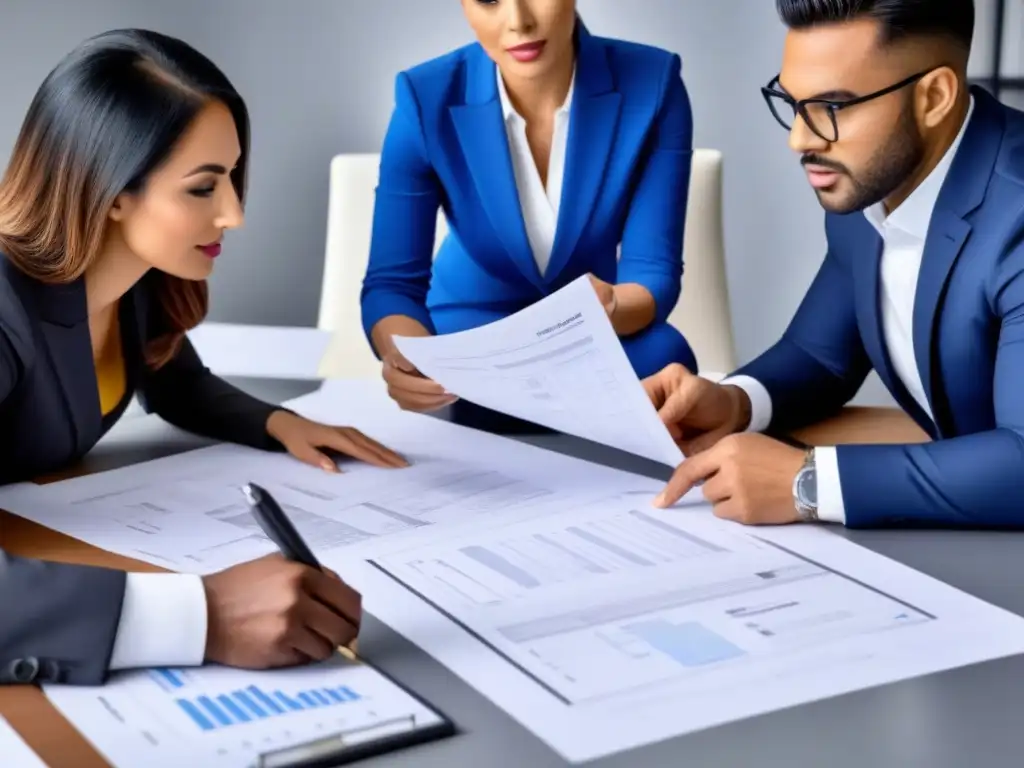 Equipo de profesionales en reunión para renovación de propiedad Profesionales en reunión, documentación financiamiento renovación inmobiliaria