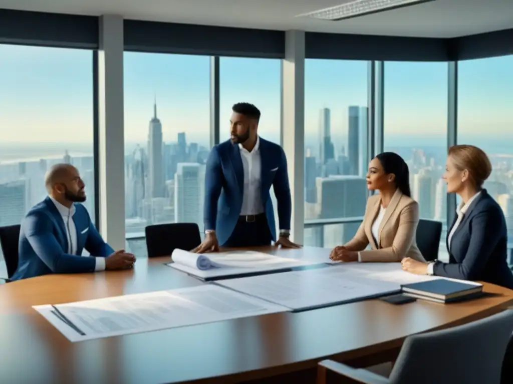 Profesionales colaborativos en reunión de negocios Profesionales en reunión discutiendo errores al solicitar préstamos inmobiliarios en moderna oficina con vista a la ciudad