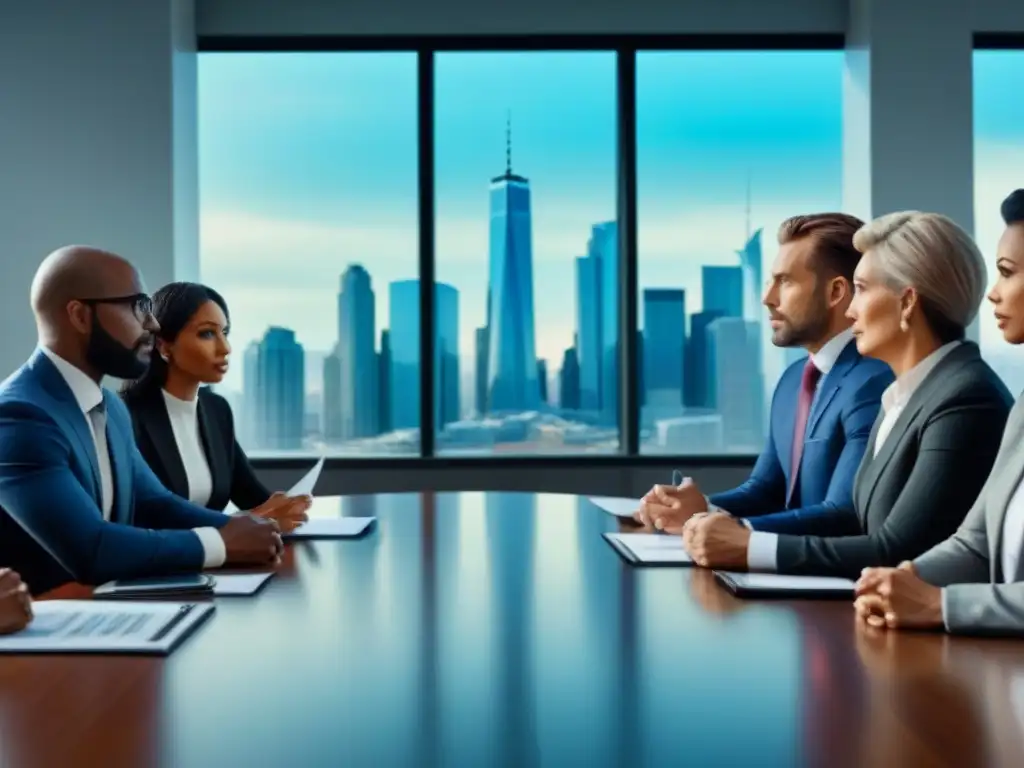 Reunión estratégica de inversionistas inmobiliarios en ciudad moderna Profesionales en reunión, planeando estrategias de consolidación de deudas inmobiliarias en crisis