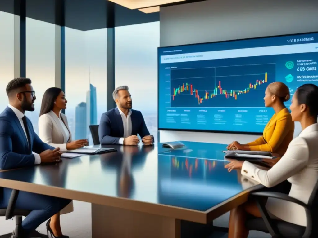 Reunión estratégica de profesionales en inversión inmobiliaria Profesionales en reunión estratégica sobre financiamiento inmobiliario, con gráficos en pantalla y vista urbana vibrante