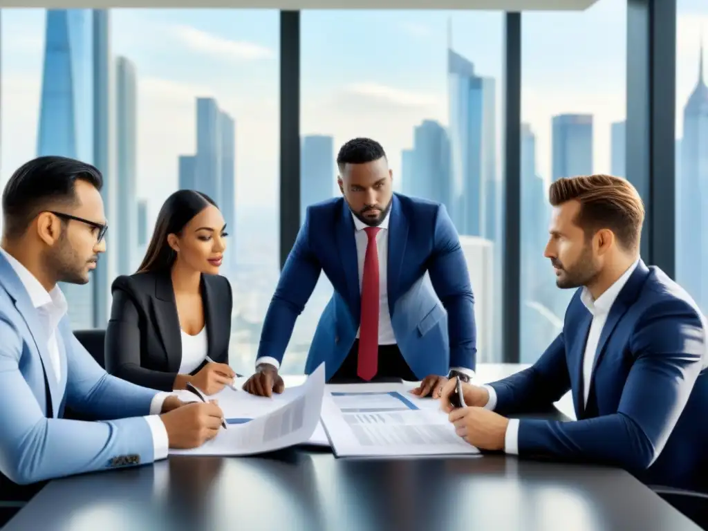 Profesionales en reunión estratégica de sindicación inmobiliaria, planeando inversión colectiva en moderna sala de juntas con vista a la ciudad