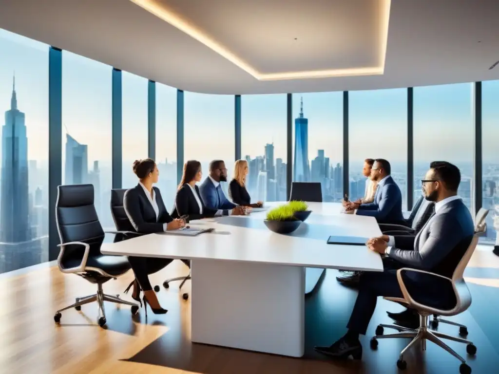 Oficina ejecutiva con vista panorámica y equipo diverso 'Profesionales en reunión estratégica en sala de juntas moderna con vista panorámica a la ciudad